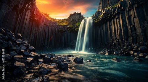 Morning view of the famed Svartifoss (Black Fall). Waterfall Summer sunrise in Skaftafell, Vatnajokull National Park, Iceland, Photo with artistic post-processing