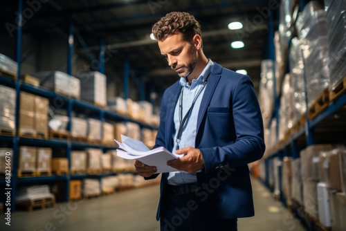 Industrial Oversight: Man Standing in a Warehouse with a Clipboard in Front