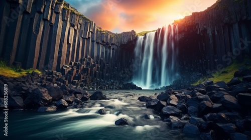 Morning view of the famed Svartifoss (Black Fall). Waterfall Summer sunrise in Skate fell, Vatnajokull National Park, Iceland,  Photo with artistic post-processing photo