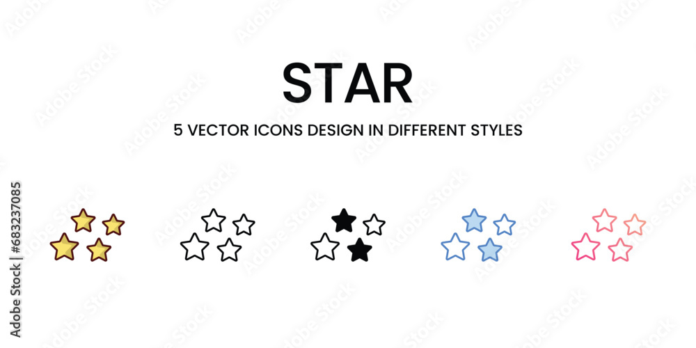 Star Icon Design in Five style with Editable Stroke. Line, Solid, Flat Line, Duo Tone Color, and Color Gradient Line. Suitable for Web Page, Mobile App, UI, UX and GUI design.