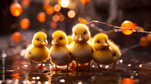 Cute little yellow ducklings on blurred background with bokeh.