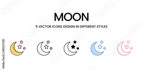 Moon Icon Design in Five style with Editable Stroke. Line, Solid, Flat Line, Duo Tone Color, and Color Gradient Line. Suitable for Web Page, Mobile App, UI, UX and GUI design.