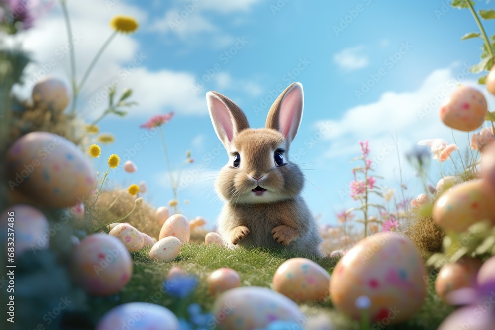 Whimsical bunny surrounded by flowers and Easter joy Whimsical bunny surrounded by flowers and Easter joy