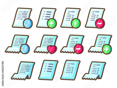 Casual office document icons for your app. Bright remarkable UI elements. Contracts, favorites, checklist, add, remove, update and others. Nice vector UI illustration for your business.
