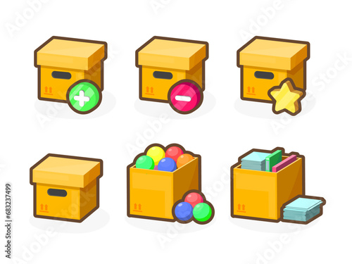 Cardboard boxes icons for your app. Bright remarkable UI elements. Documents, favorites, add, remove and others. Nice vector UI illustration for your business.