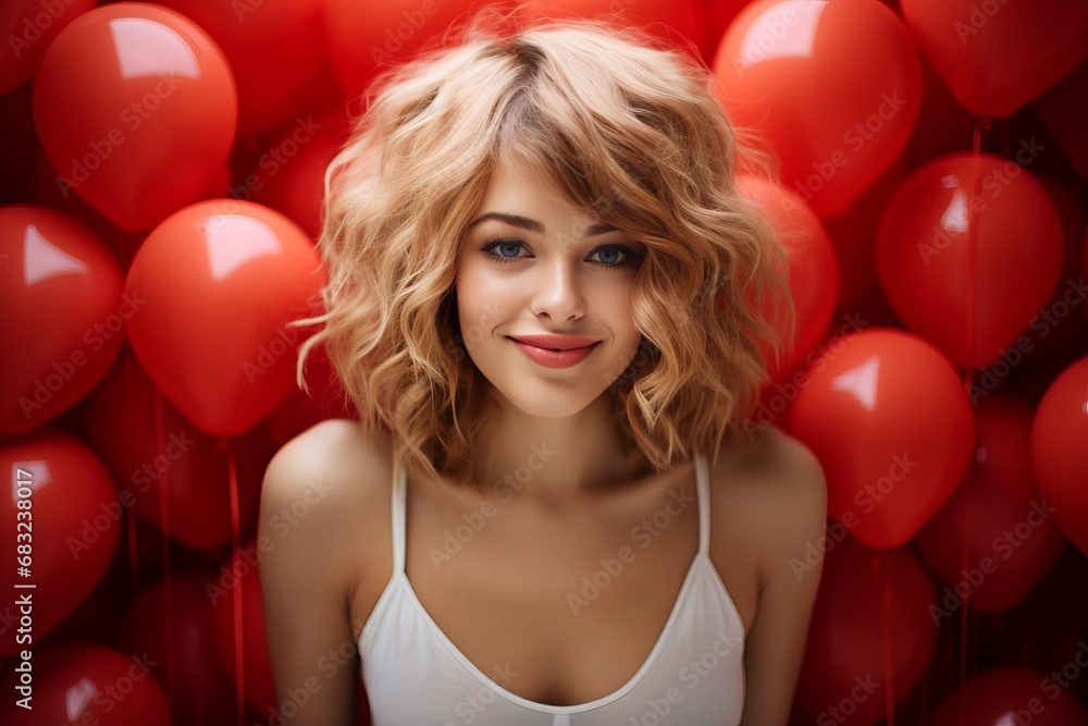 Graceful Elegance: Beautiful Girl with Red Balloons in Mid-Air Graceful Elegance: Beautiful Girl with Red Balloons in Mid-Air