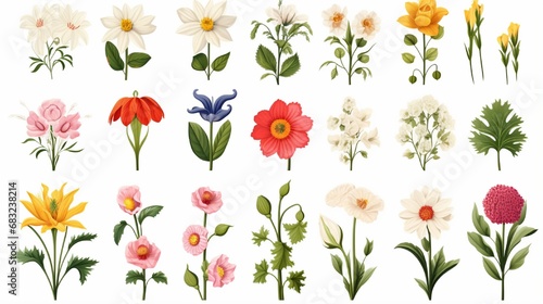 Flowers from an early spring forest and garden isolated on white vector set Spring and summer flower illustration in a garden