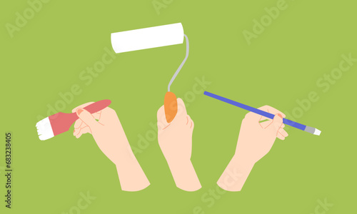 pose of hands painting a wall using a brush and paint roller. green background. colored vector flat illustration.