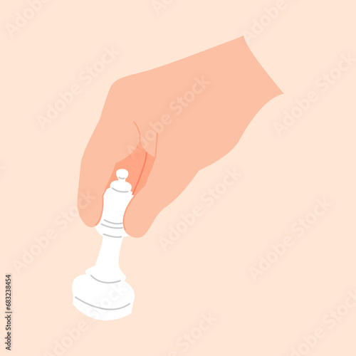 hand holding and moving chess piece. play chess. editable stroke. flat vector illustration.