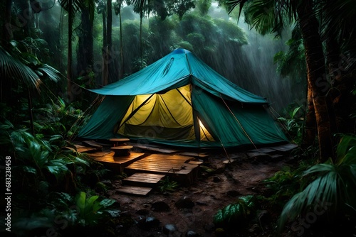 rain falling on the jungle tent, Tropical, silent, serene, contemplative, camping, evening, unwind