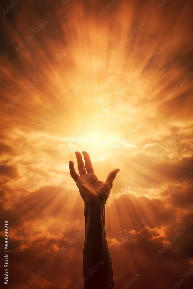 inspirational hand reaching out to faith, the sky with the sun behind. reaching for God's love  