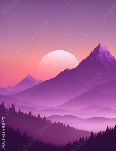 Misty mountains at sunset in purple tone, vertical composition 