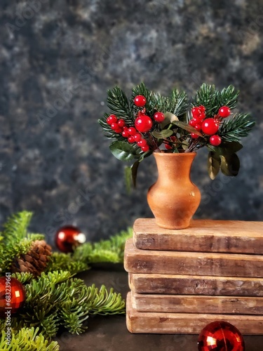Rustic Christmas greeting Card with Christmas Holly bouquet in pot on black background. Vertical photo with XMAS decoration in rerto style. XMAS mood.  photo