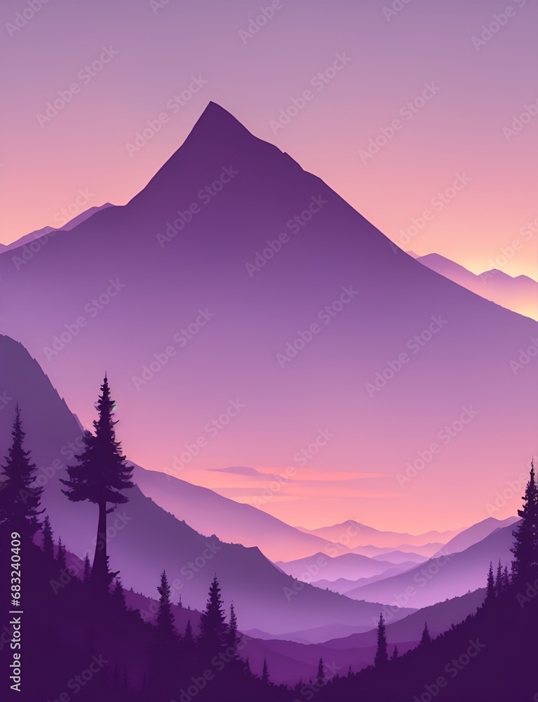 Misty mountains at sunset in purple tone, vertical composition	