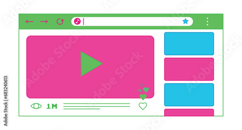 Web browser window with video player. Watching videos in the browser. Vector illustration