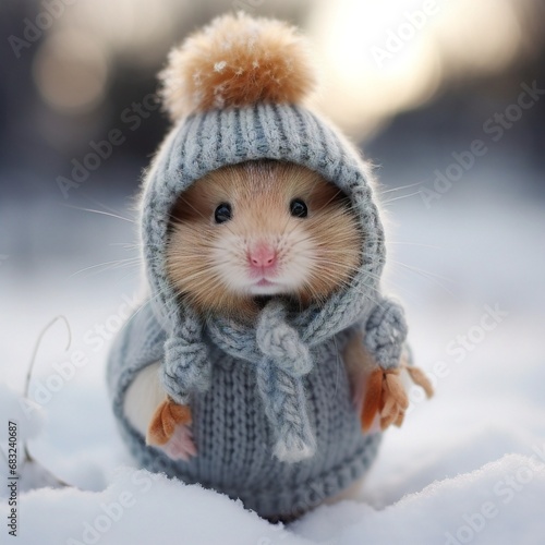 Small Cute Squirrel wearing winter cloths standing in snowy forest.