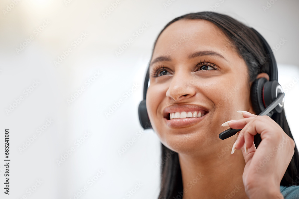 Call center headset, professional face and happy woman services, telemarketing sales pitch or callcenter mockup space. Customer care, bank advisory talk or insurance agent networking on help desk mic Call center headset, professional face and happy woman services, telemarketing sales pitch or callcenter mockup space. Customer care, bank advisory talk or insurance agent networking on help desk mic
