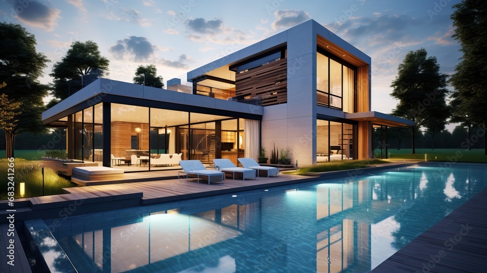 Modern Villa with Illuminated Windows and Pool