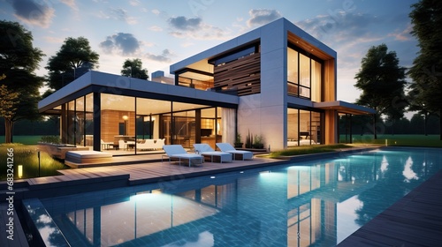 Modern Villa with Illuminated Windows and Pool © Nick Alias