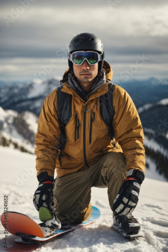 A man is snowboarding in the high snowy mountains. Sports, hobbies, Active recreation concepts.