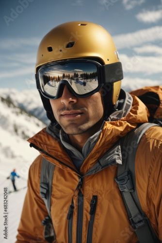 Portrait of a man wearing a protective helmet and glasses against the background of winter snowy mountains. Sports, hobbies, Active recreation concepts. © liliyabatyrova