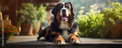 Happy Bernese Mountain dog lies on the wooden porch photo