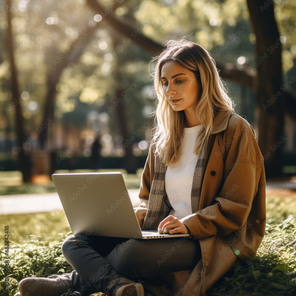a young lady is working with her laptop at park, Generative AI a young lady is working with her laptop at park, Generative AI