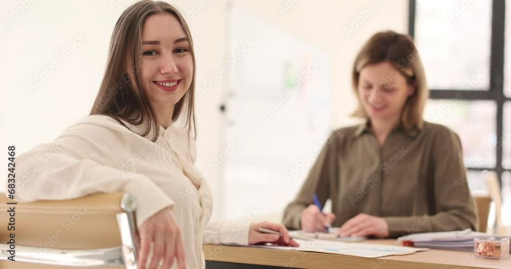 Smiling internship student girl successfully passed interview in office. Business partner and profitable financial deal Smiling internship student girl successfully passed interview in office. Business partner and profitable financial deal