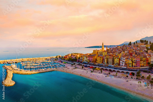 colorful old town Menton on the French Riviera, France. Drone aerial view over Menton France Europe at sunset