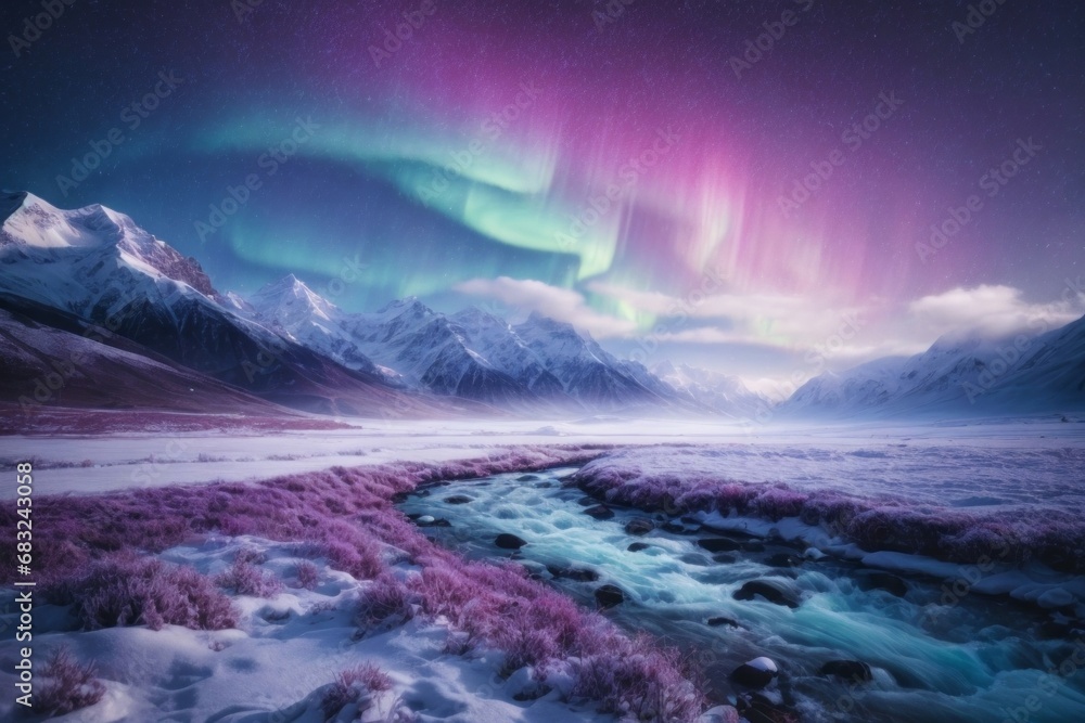 Aurora, Beautiful northern lights in pink and blue colors.