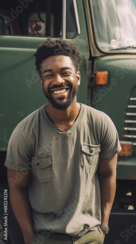 AI generated illustration of an African American man smiling, against a vehicle photo