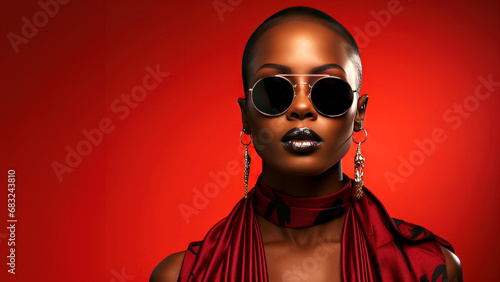 Fashion portrait of a beautiful black woman with short hair and sunglasses on a red background, copy space for text