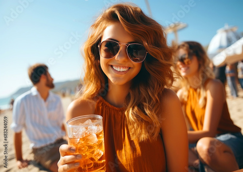 Smiling young woman drinking cocktail on the beach in summer