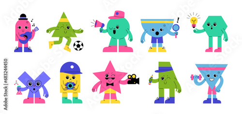 Cute mascot. Geometric design characters with different emotions, music expression, face and hand pose. Sport art and education sign. Cartoon flat isolated illustration. Vector icon tidy collection