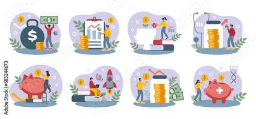 Finance investment. Money business. Investing persons and economy literacy. Successful businessman. Characters education. Profit growth. Financial management. Cash saving. Vector tidy concepts set