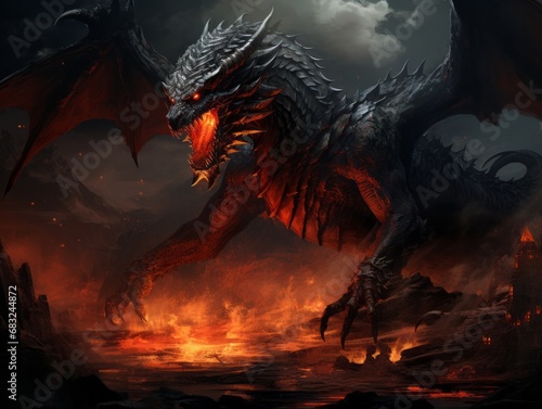Mystical Encounter: Mage's Dragon Amidst Fiery Blaze