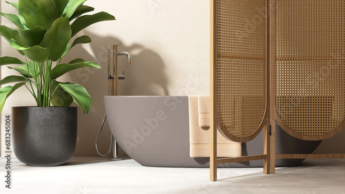 Brown bathtub  chrome shower  tropical tree  wooden rattan partition in luxury design bathroom in sunlight  shadow on beige wall for interior design decoration  toiletries product background 3D