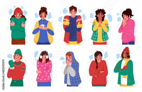 Shivering people. Frosty winter. Cold weather. Trembling woman and man. Shiver hands. Feeling discomfort from hypothermia. Warm sweaters and coats. Breath steam. Low temperature. Vector persons set