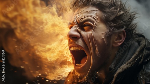 Agony Unleashed: Man Screaming Amidst Smoke