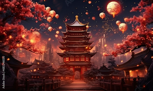 Chinese dragon, temple and fireworks