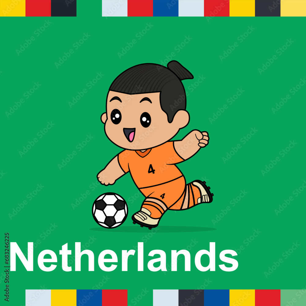 Vector Design of Children Wearing National Jersey Football Team. Netherland Children Play Football. Vector Design of Children Wearing National Jersey Football Team. Netherland Children Play Football.