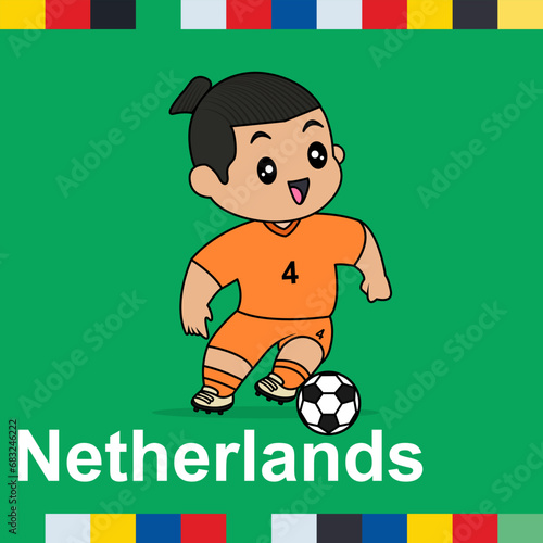 Vector Design of Children Wearing National Jersey Football Team. Netherland Children Play Football.