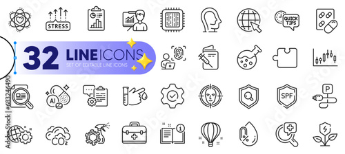 Outline set of Computer fingerprint, Inspect and Clipboard line icons for web with No alcohol, Psychology, Manual thin icon. Face detect, Capsule pill, Air balloon pictogram icon. Vector