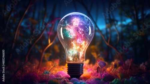 Bulb-shaped lamp shines brilliantly with a burst of vivid colors ultra realistic illustration - Generative AI.