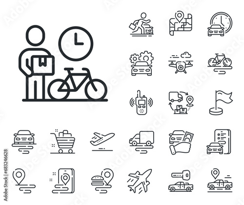 Delivery bicycle sign. Plane, supply chain and place location outline icons. Bike courier line icon. Fast city transport symbol. Bike courier line sign. Taxi transport, rent a bike icon. Vector