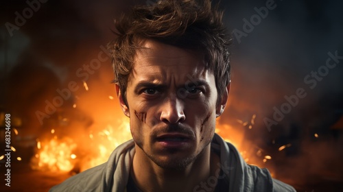 Intensity Unleashed: Portrait of an Angry Male Face with Smoke Background