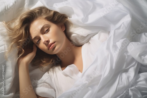 Serene Slumber: Beautiful Young Woman Sleeping in White Bed at Home