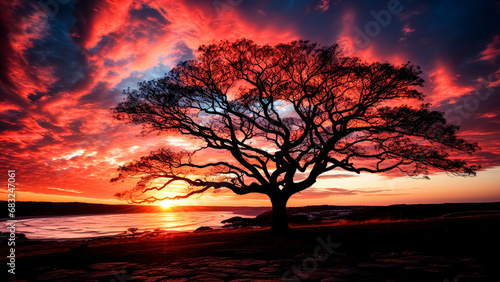 Beautiful sunset over the lake with a tree silhouette in the foreground.