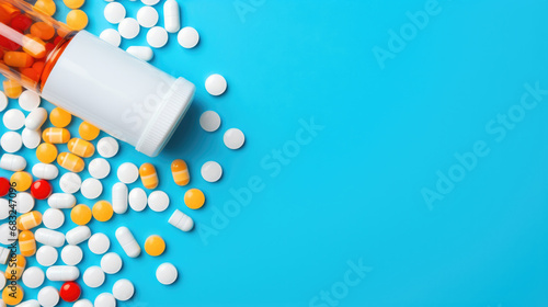 Bottle and scattered pills on a blue background, space for text photo