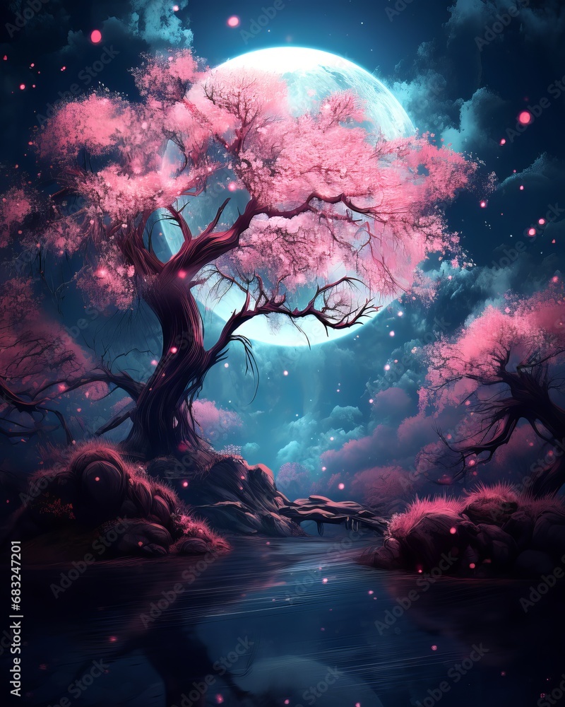 Beautiful pink sakura tree under the moon - obrazy, fototapety, plakaty 